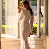 Luxury Sweetheart Mermaid Wedding Dress Slit Long Sleeves Button Bridal Gowns Simple Satin Floor-Length Vestidos De Noiva W10343
